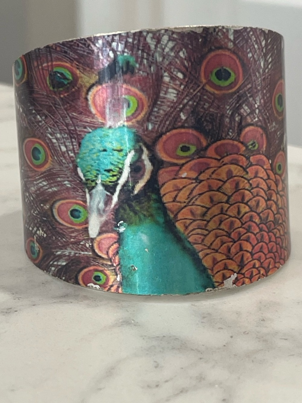 Peacock Print Wide Cuff Bracelet - Teal & Brown